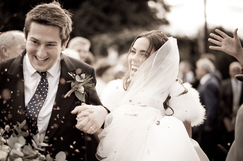 Professional colour photograph of a bride and groom during winter